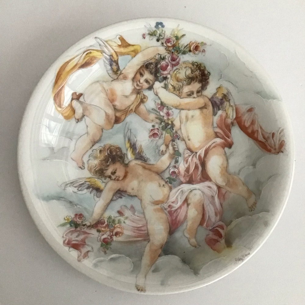 Limoges France Gold Accent Plate Dish 7.5” Hand Painted Cherubs Porcelain Signed